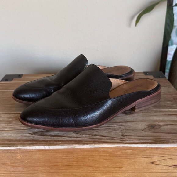 Madewell The Frances Black Leather Almond Toe Slip On Flat Loafer Mule Size 8.5 - Picture 1 of 15